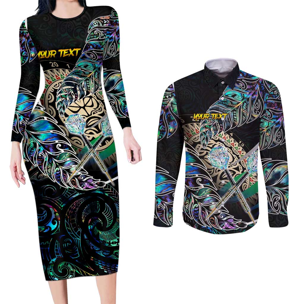 Personalised New Zealand Darts Couples Matching Long Sleeve Bodycon Dress and Long Sleeve Button Shirt NZ Paua Shell Maori Fern DT02 Black - Polynesian Pride