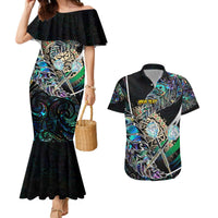 Personalised New Zealand Darts Couples Matching Mermaid Dress and Hawaiian Shirt NZ Paua Shell Maori Fern DT02 Black - Polynesian Pride