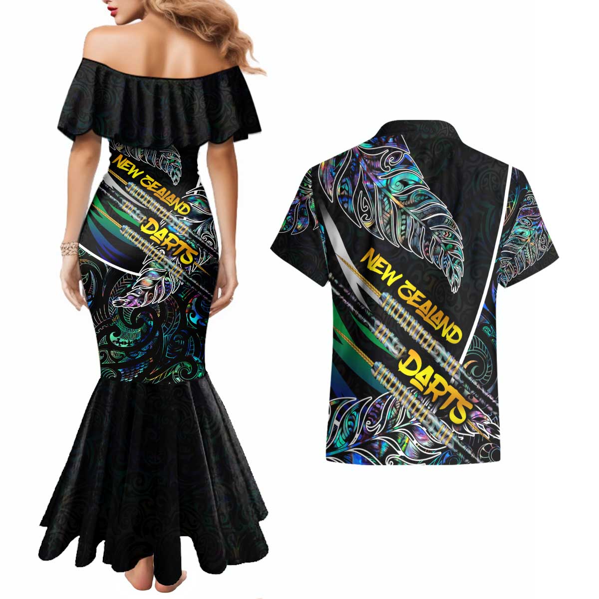 Personalised New Zealand Darts Couples Matching Mermaid Dress and Hawaiian Shirt NZ Paua Shell Maori Fern DT02 - Polynesian Pride