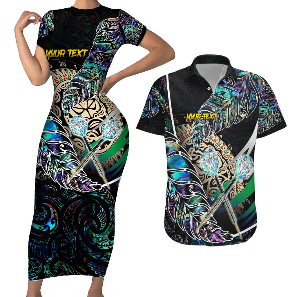 Personalised New Zealand Darts Couples Matching Short Sleeve Bodycon Dress and Hawaiian Shirt NZ Paua Shell Maori Fern DT02 Black - Polynesian Pride