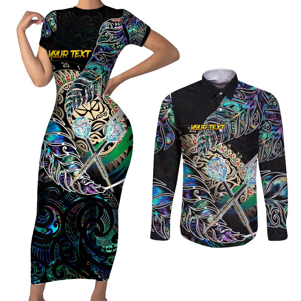 Personalised New Zealand Darts Couples Matching Short Sleeve Bodycon Dress and Long Sleeve Button Shirt NZ Paua Shell Maori Fern DT02 Black - Polynesian Pride