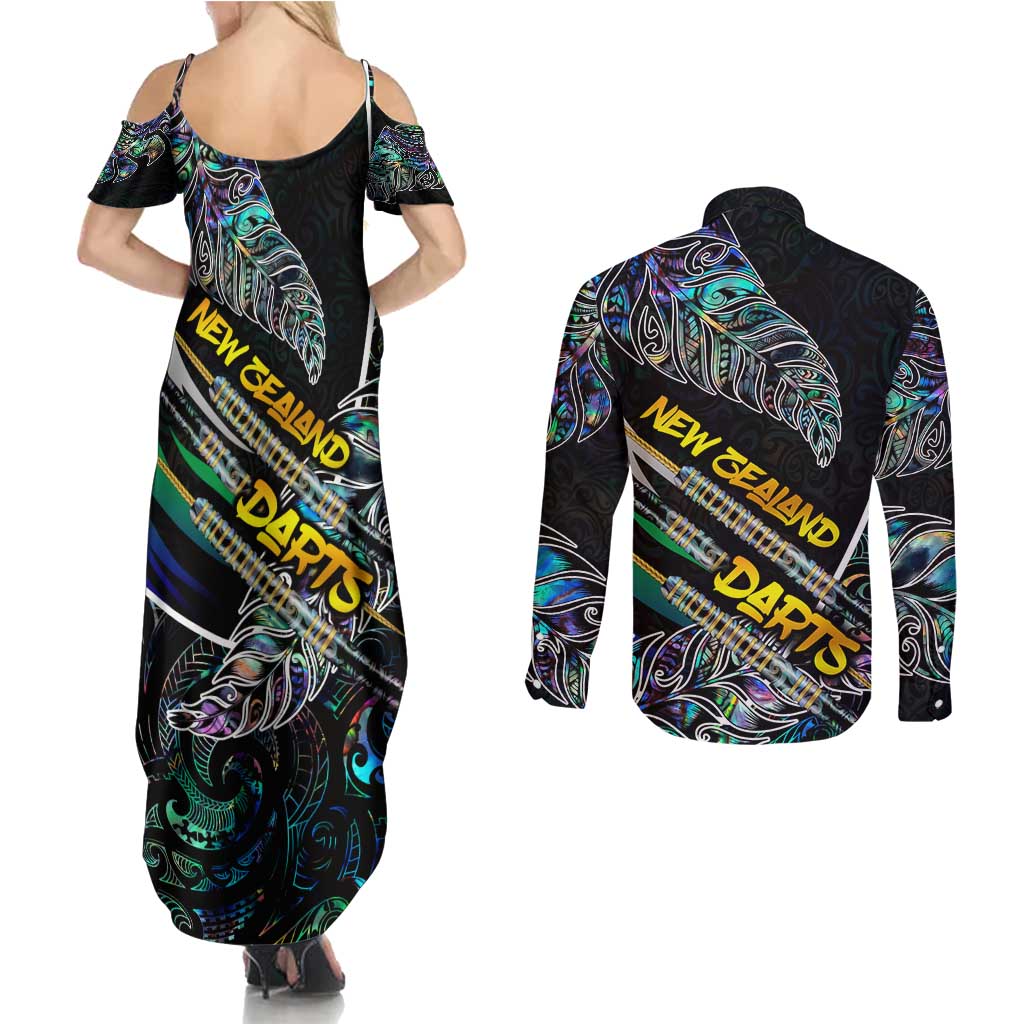 Personalised New Zealand Darts Couples Matching Summer Maxi Dress and Long Sleeve Button Shirt NZ Paua Shell Maori Fern