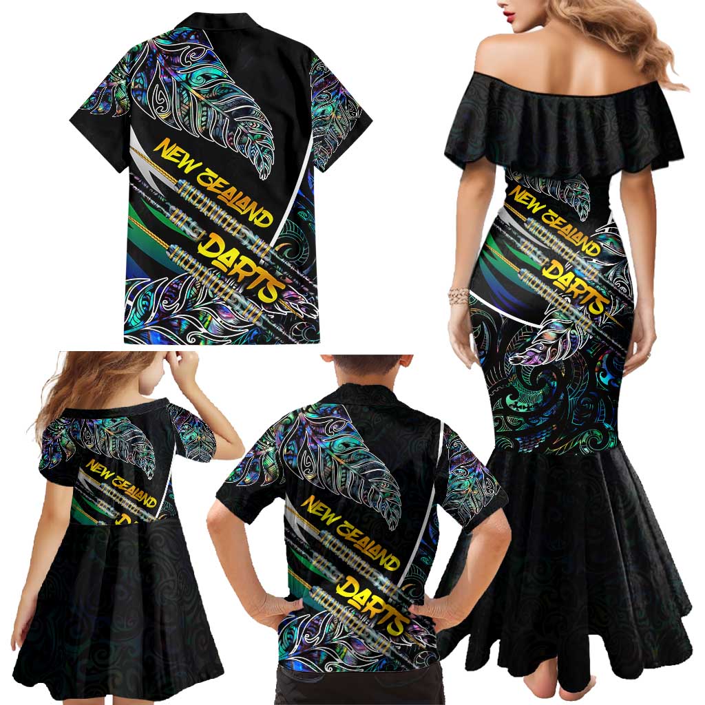 Personalised New Zealand Darts Family Matching Mermaid Dress and Hawaiian Shirt NZ Paua Shell Maori Fern
