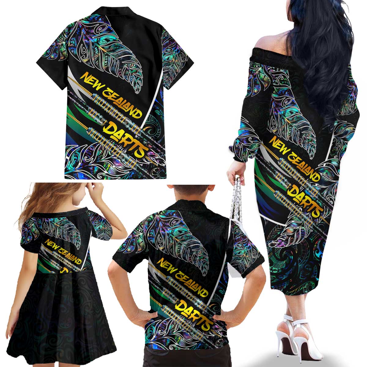 Personalised New Zealand Darts Family Matching Off The Shoulder Long Sleeve Dress and Hawaiian Shirt NZ Paua Shell Maori Fern