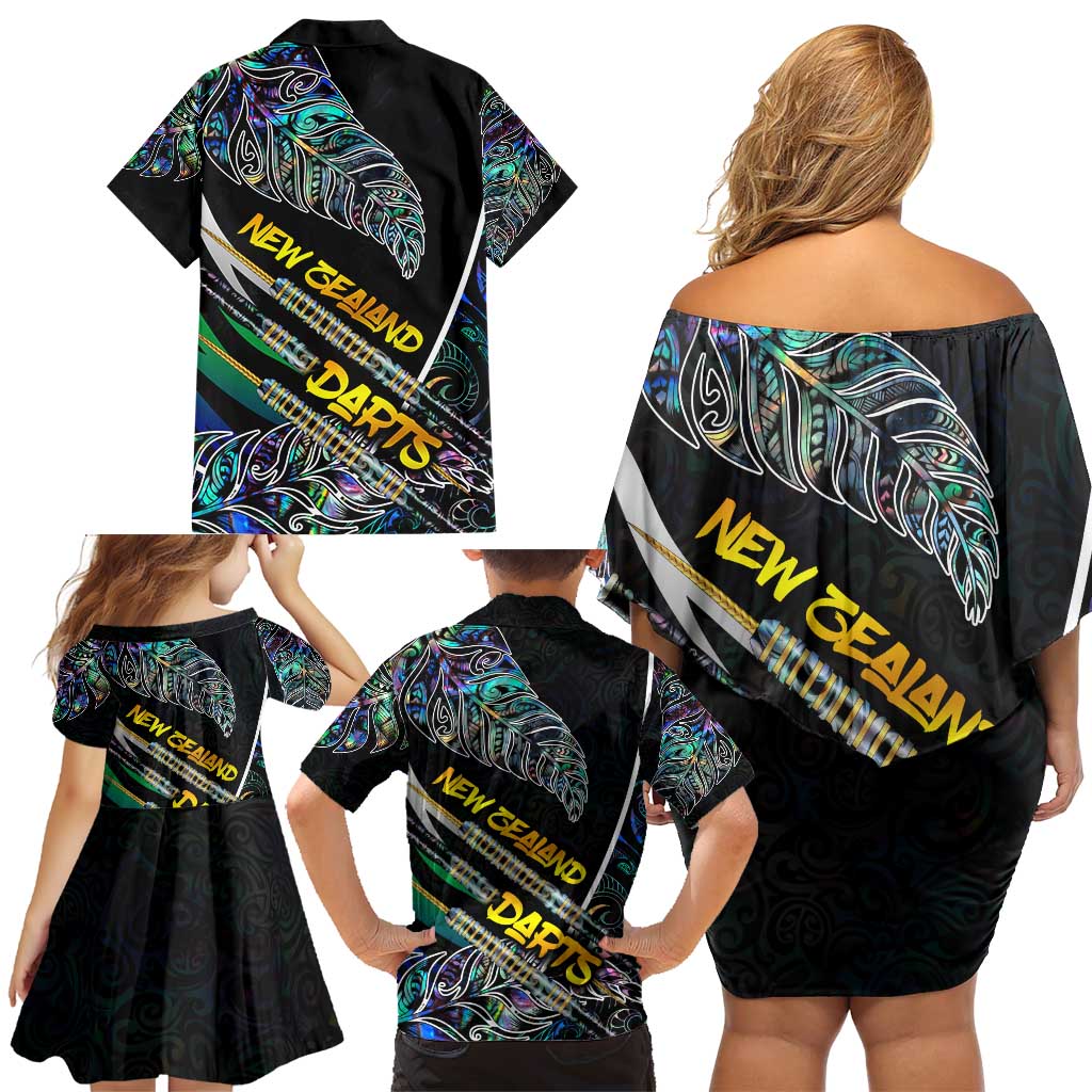 Personalised New Zealand Darts Family Matching Off Shoulder Short Dress and Hawaiian Shirt NZ Paua Shell Maori Fern DT02 - Polynesian Pride