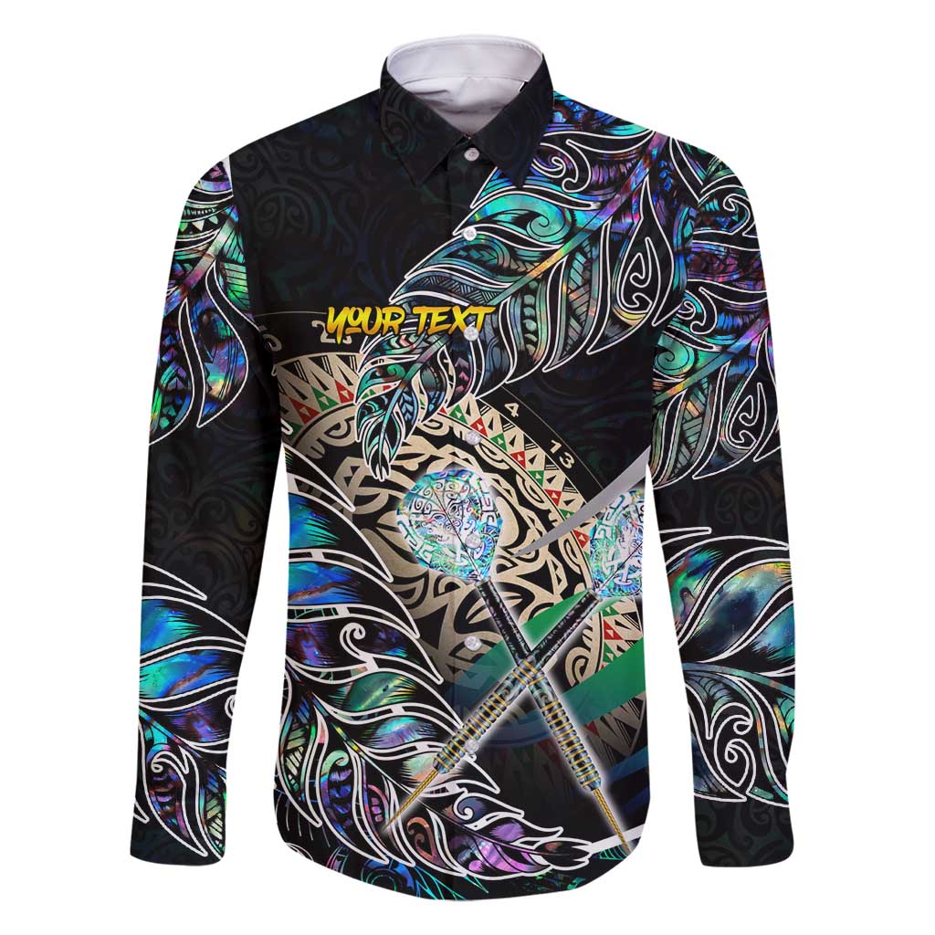 Personalised New Zealand Darts Family Matching Off Shoulder Short Dress and Hawaiian Shirt NZ Paua Shell Maori Fern DT02 Dad's Shirt - Long Sleeve Black - Polynesian Pride