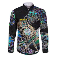 Personalised New Zealand Darts Family Matching Off Shoulder Short Dress and Hawaiian Shirt NZ Paua Shell Maori Fern DT02 Dad's Shirt - Long Sleeve Black - Polynesian Pride