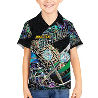 Personalised New Zealand Darts Family Matching Off Shoulder Short Dress and Hawaiian Shirt NZ Paua Shell Maori Fern DT02 Son's Shirt Black - Polynesian Pride