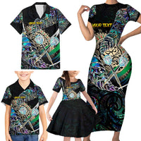 Personalised New Zealand Darts Family Matching Short Sleeve Bodycon Dress and Hawaiian Shirt NZ Paua Shell Maori Fern