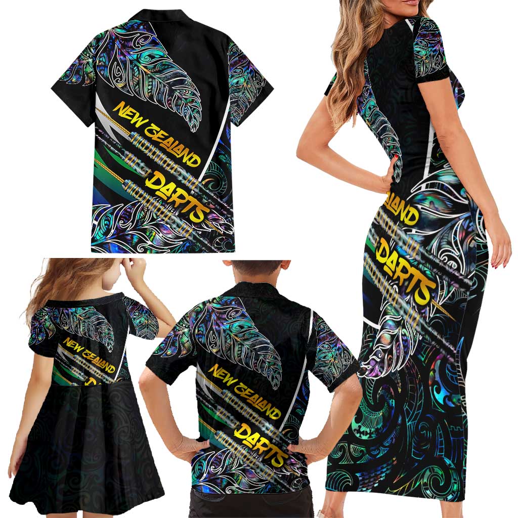 Personalised New Zealand Darts Family Matching Short Sleeve Bodycon Dress and Hawaiian Shirt NZ Paua Shell Maori Fern