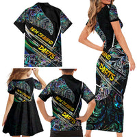 Personalised New Zealand Darts Family Matching Short Sleeve Bodycon Dress and Hawaiian Shirt NZ Paua Shell Maori Fern