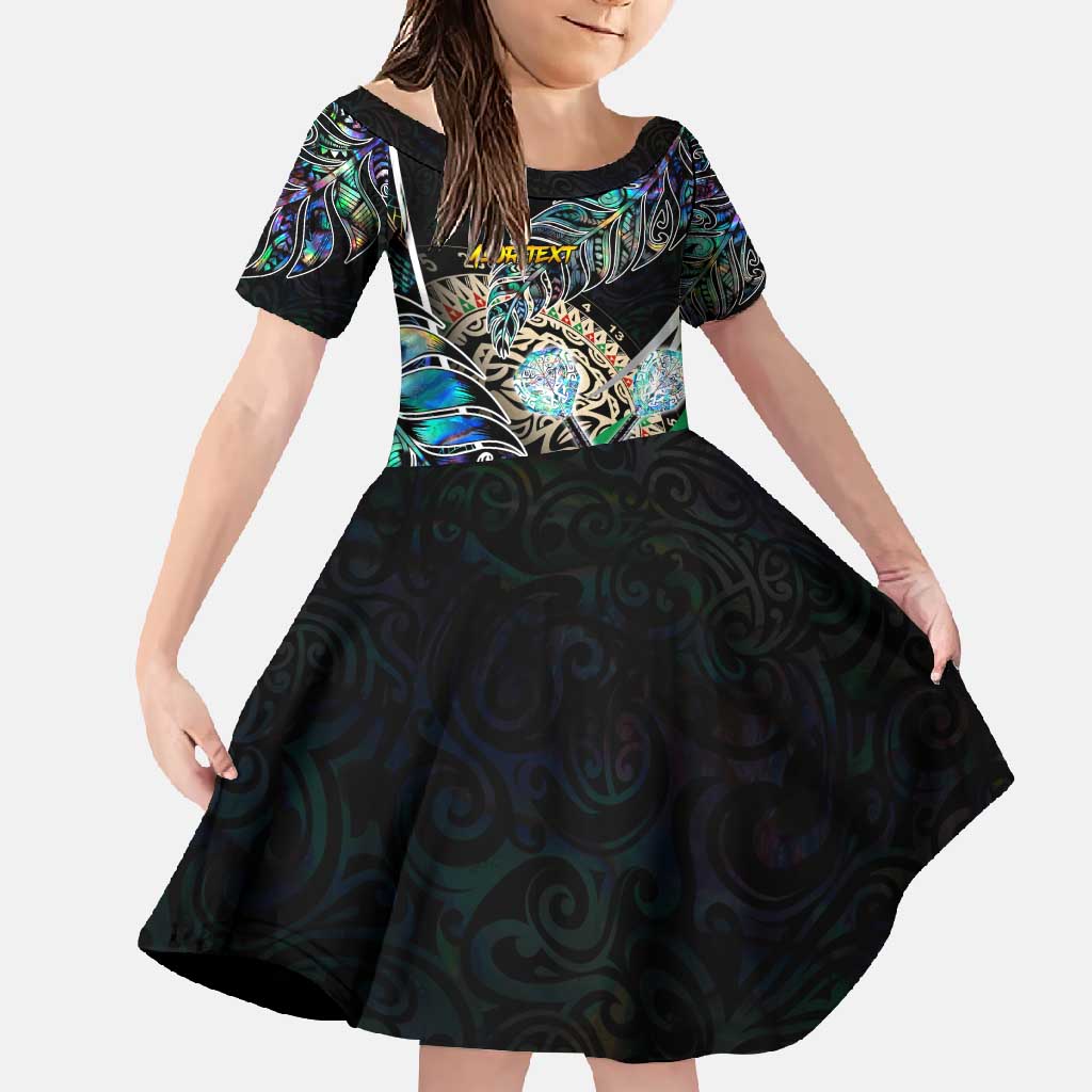 Personalised New Zealand Darts Family Matching Summer Maxi Dress and Hawaiian Shirt NZ Paua Shell Maori Fern DT02 Daughter's Dress Black - Polynesian Pride