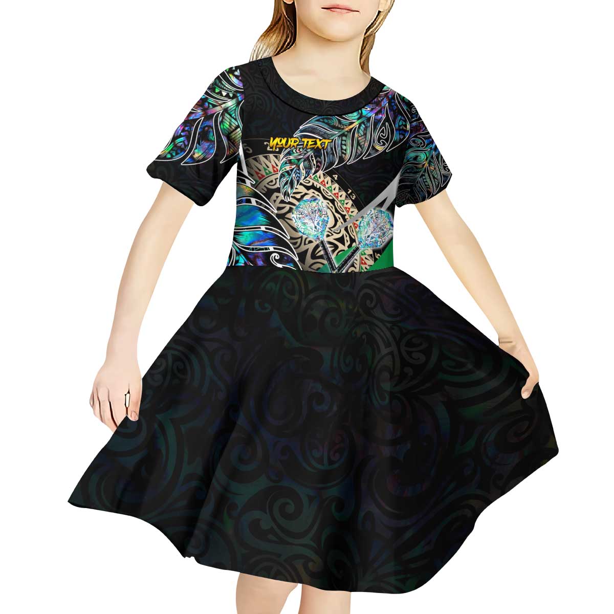 Personalised New Zealand Darts Kid Short Sleeve Dress NZ Paua Shell Maori Fern