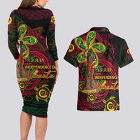 Custom Vanuatu 45th Independence Anniversary Couples Matching Long Sleeve Bodycon Dress and Hawaiian Shirt Flower Melanesian Namele Turtle - Polynesian Pride
