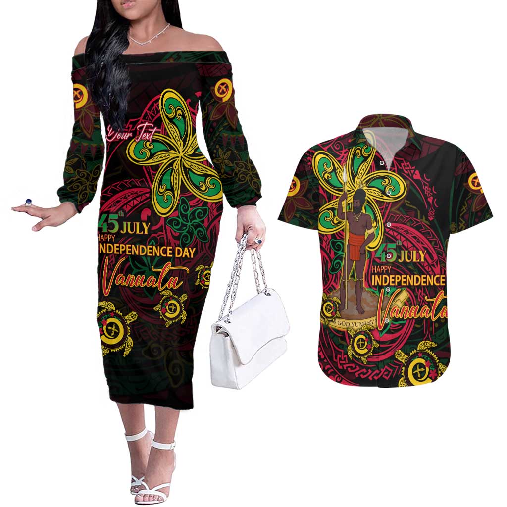 Custom Vanuatu 45th Independence Anniversary Couples Matching Off The Shoulder Long Sleeve Dress and Hawaiian Shirt Flower Melanesian Namele Turtle - Polynesian Pride