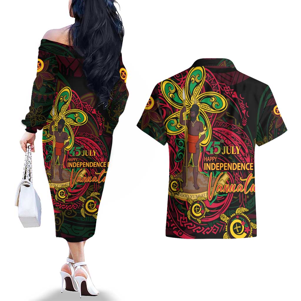 Custom Vanuatu 45th Independence Anniversary Couples Matching Off The Shoulder Long Sleeve Dress and Hawaiian Shirt Flower Melanesian Namele Turtle - Polynesian Pride