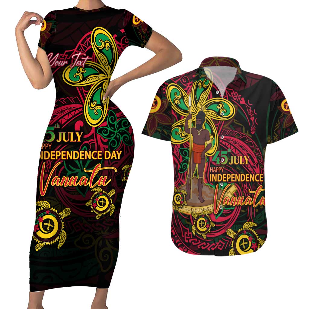 Custom Vanuatu 45th Independence Anniversary Couples Matching Short Sleeve Bodycon Dress and Hawaiian Shirt Flower Melanesian Namele Turtle - Polynesian Pride