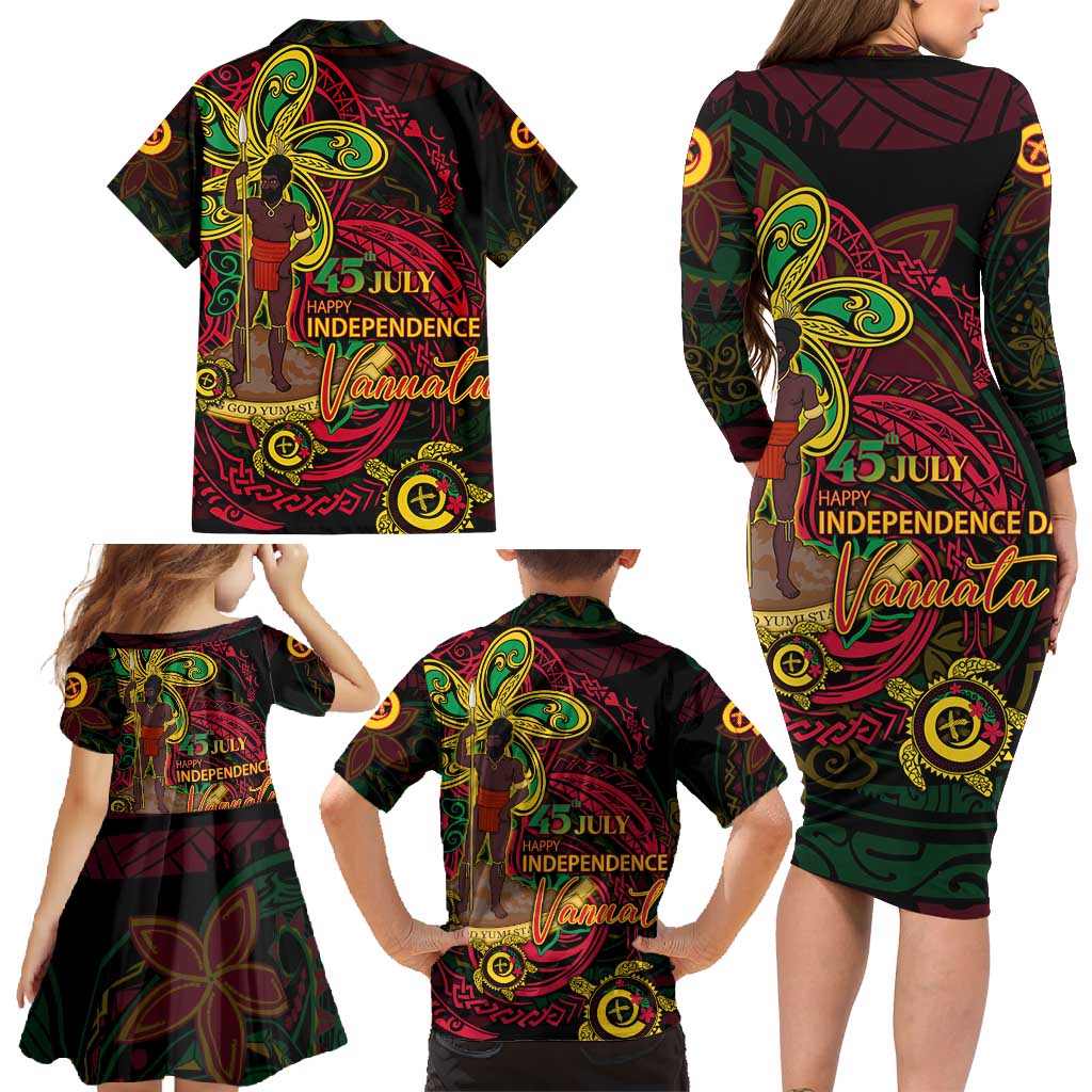 Custom Vanuatu 45th Independence Anniversary Family Matching Long Sleeve Bodycon Dress and Hawaiian Shirt Flower Melanesian Namele Turtle - Polynesian Pride
