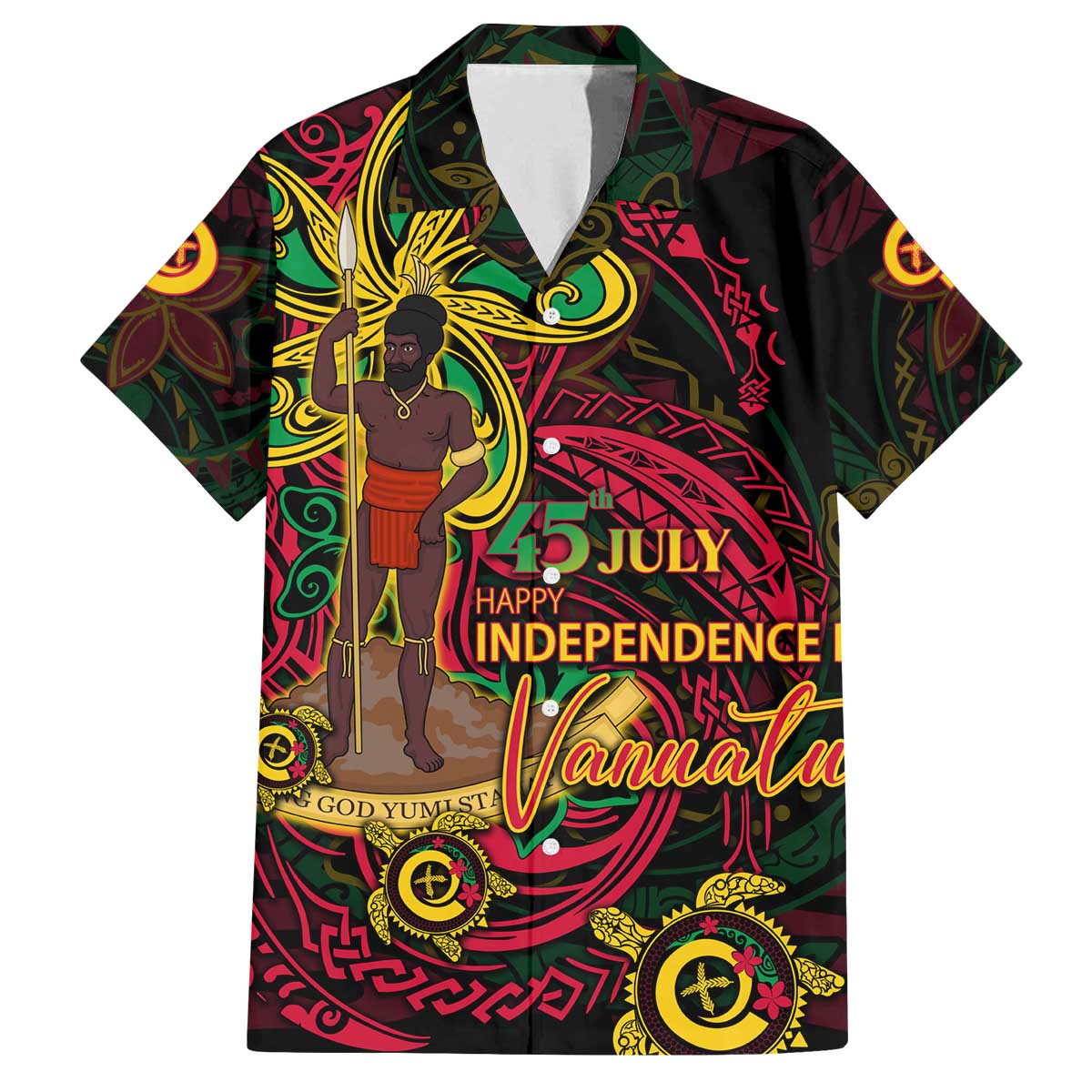 Custom Vanuatu 45th Independence Anniversary Family Matching Off The Shoulder Long Sleeve Dress and Hawaiian Shirt Flower Melanesian Namele Turtle - Polynesian Pride