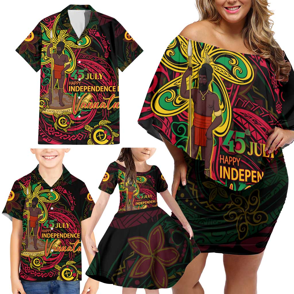 Custom Vanuatu 45th Independence Anniversary Family Matching Off Shoulder Short Dress and Hawaiian Shirt Flower Melanesian Namele Turtle - Polynesian Pride