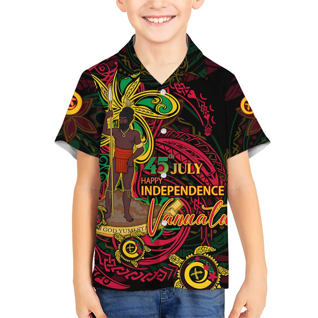 Custom Vanuatu 45th Independence Anniversary Family Matching Short Sleeve Bodycon Dress and Hawaiian Shirt Flower Melanesian Namele Turtle - Polynesian Pride