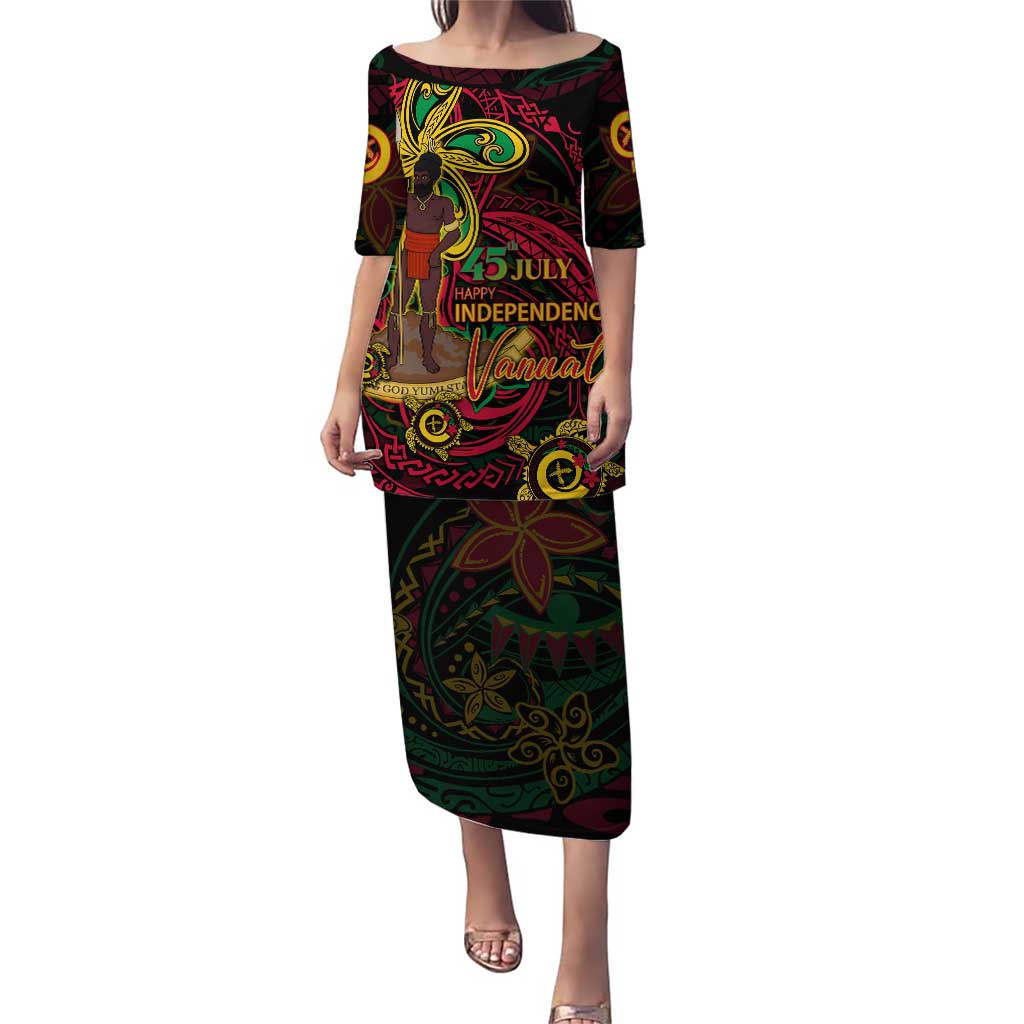 Custom Vanuatu 45th Independence Anniversary Puletasi Flower Melanesian Namele Turtle - Polynesian Pride
