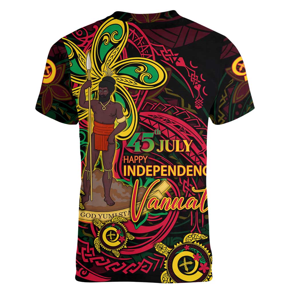 Custom Vanuatu 45th Independence Anniversary Women V-Neck T-Shirt Flower Melanesian Namele Turtle - Polynesian Pride