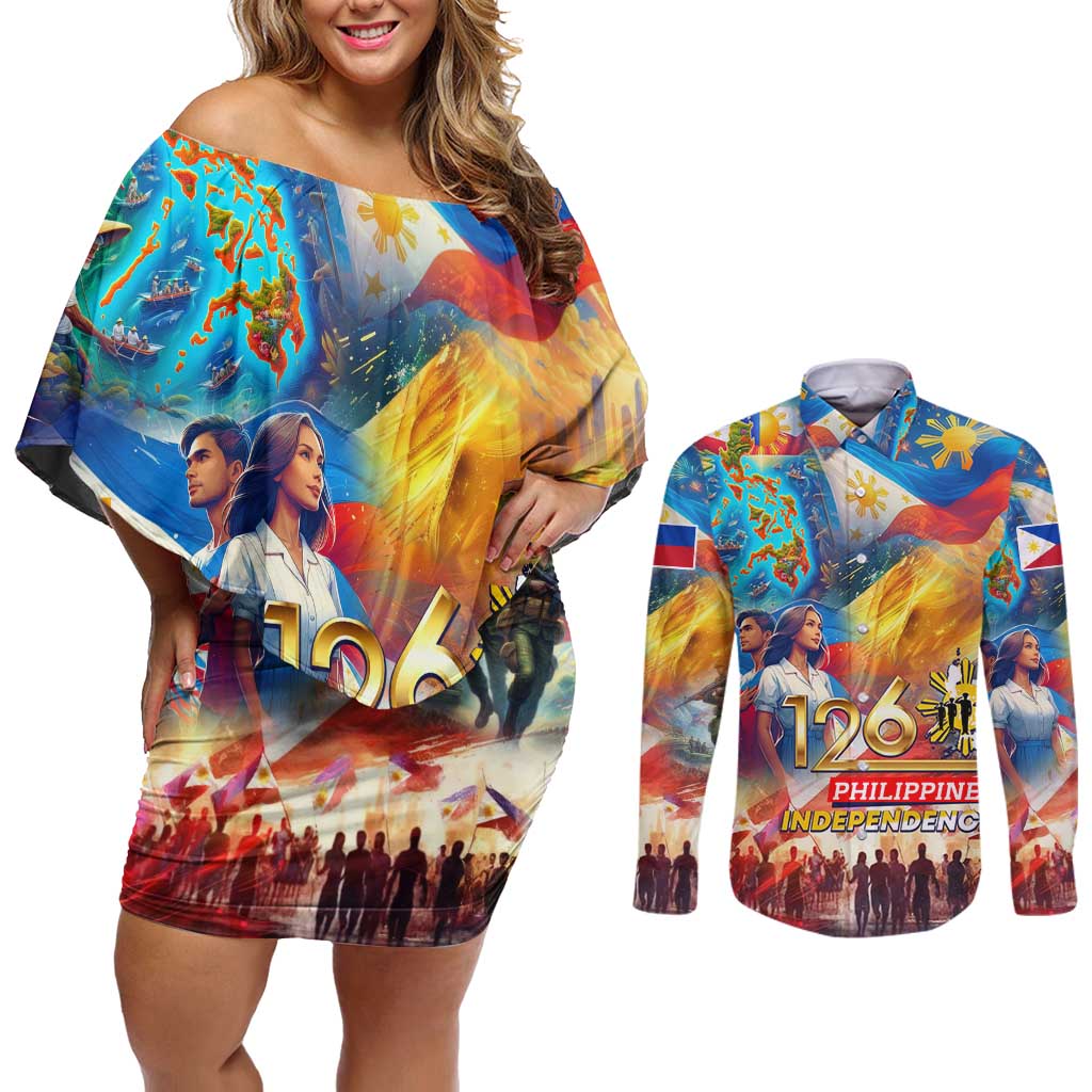 Custom The Philippines 126th Independence Anniversary Couples Matching Off Shoulder Short Dress and Long Sleeve Button Shirt Art Style - Polynesian Pride