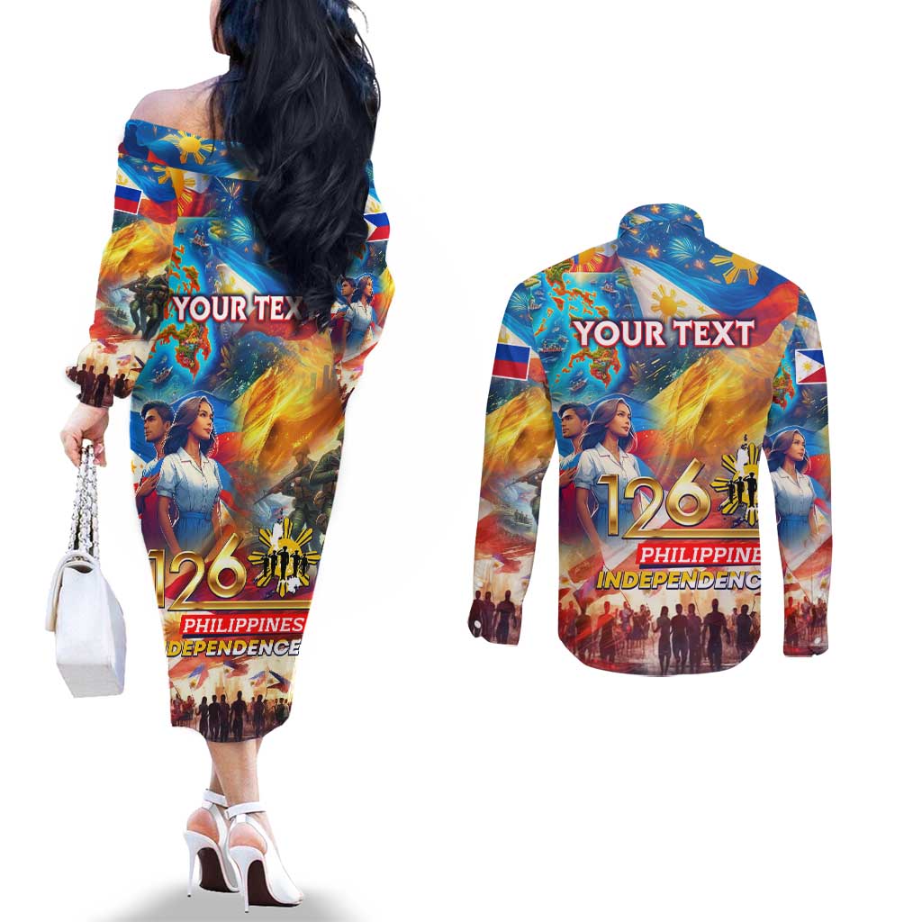 Custom The Philippines 126th Independence Anniversary Couples Matching Off The Shoulder Long Sleeve Dress and Long Sleeve Button Shirt Art Style - Polynesian Pride