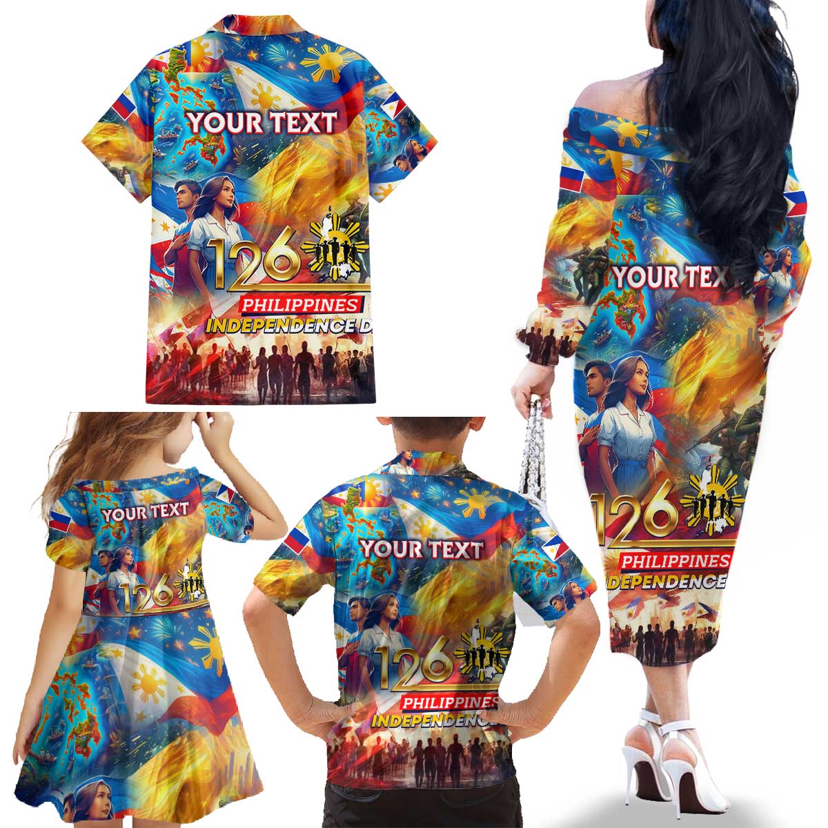 Custom The Philippines 126th Independence Anniversary Family Matching Off The Shoulder Long Sleeve Dress and Hawaiian Shirt Art Style - Polynesian Pride