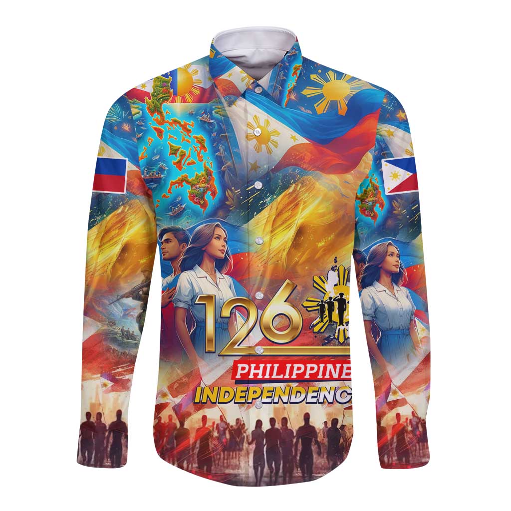 Custom The Philippines 126th Independence Anniversary Long Sleeve Button Shirt Art Style - Polynesian Pride