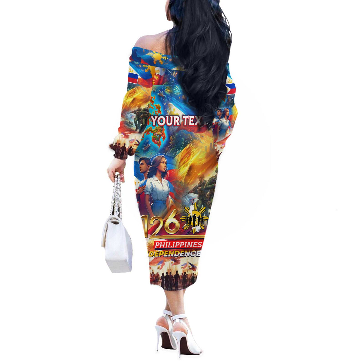 Custom The Philippines 126th Independence Anniversary Off The Shoulder Long Sleeve Dress Art Style - Polynesian Pride