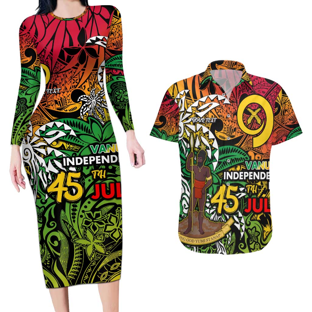 Personalized Vanuatu 45th Independence Anniversary Couples Matching Long Sleeve Bodycon Dress and Hawaiian Shirt Melanesian Pattern Reggae - Polynesian Pride