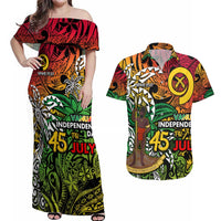 Personalized Vanuatu 45th Independence Anniversary Couples Matching Off Shoulder Maxi Dress and Hawaiian Shirt Melanesian Pattern Reggae - Polynesian Pride