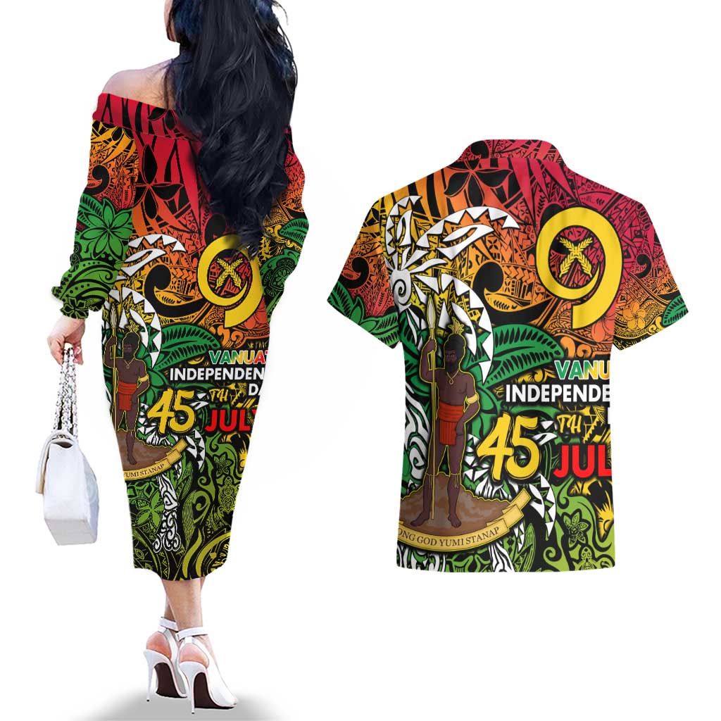 Personalized Vanuatu 45th Independence Anniversary Couples Matching Off The Shoulder Long Sleeve Dress and Hawaiian Shirt Melanesian Pattern Reggae - Polynesian Pride