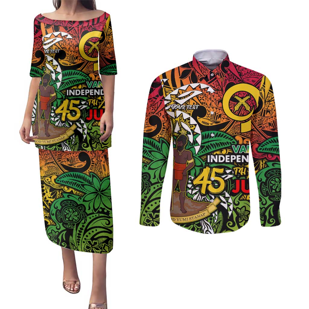 Personalized Vanuatu 45th Independence Anniversary Couples Matching Puletasi and Long Sleeve Button Shirt Melanesian Pattern Reggae - Polynesian Pride