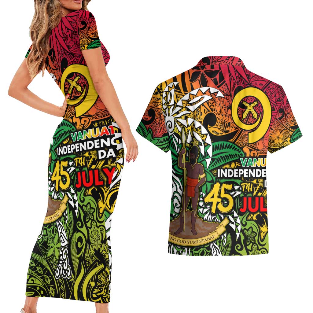 Personalized Vanuatu 45th Independence Anniversary Couples Matching Short Sleeve Bodycon Dress and Hawaiian Shirt Melanesian Pattern Reggae - Polynesian Pride
