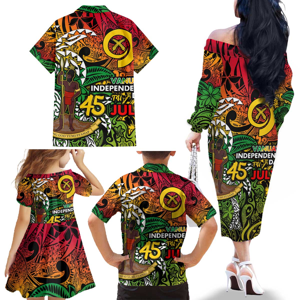 Personalized Vanuatu 45th Independence Anniversary Family Matching Off The Shoulder Long Sleeve Dress and Hawaiian Shirt Melanesian Pattern Reggae - Polynesian Pride