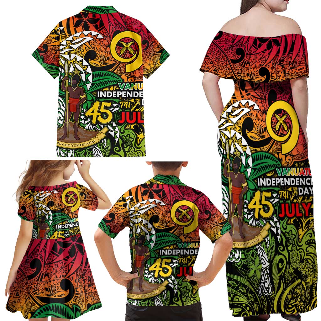 Personalized Vanuatu 45th Independence Anniversary Family Matching Off Shoulder Maxi Dress and Hawaiian Shirt Melanesian Pattern Reggae - Polynesian Pride