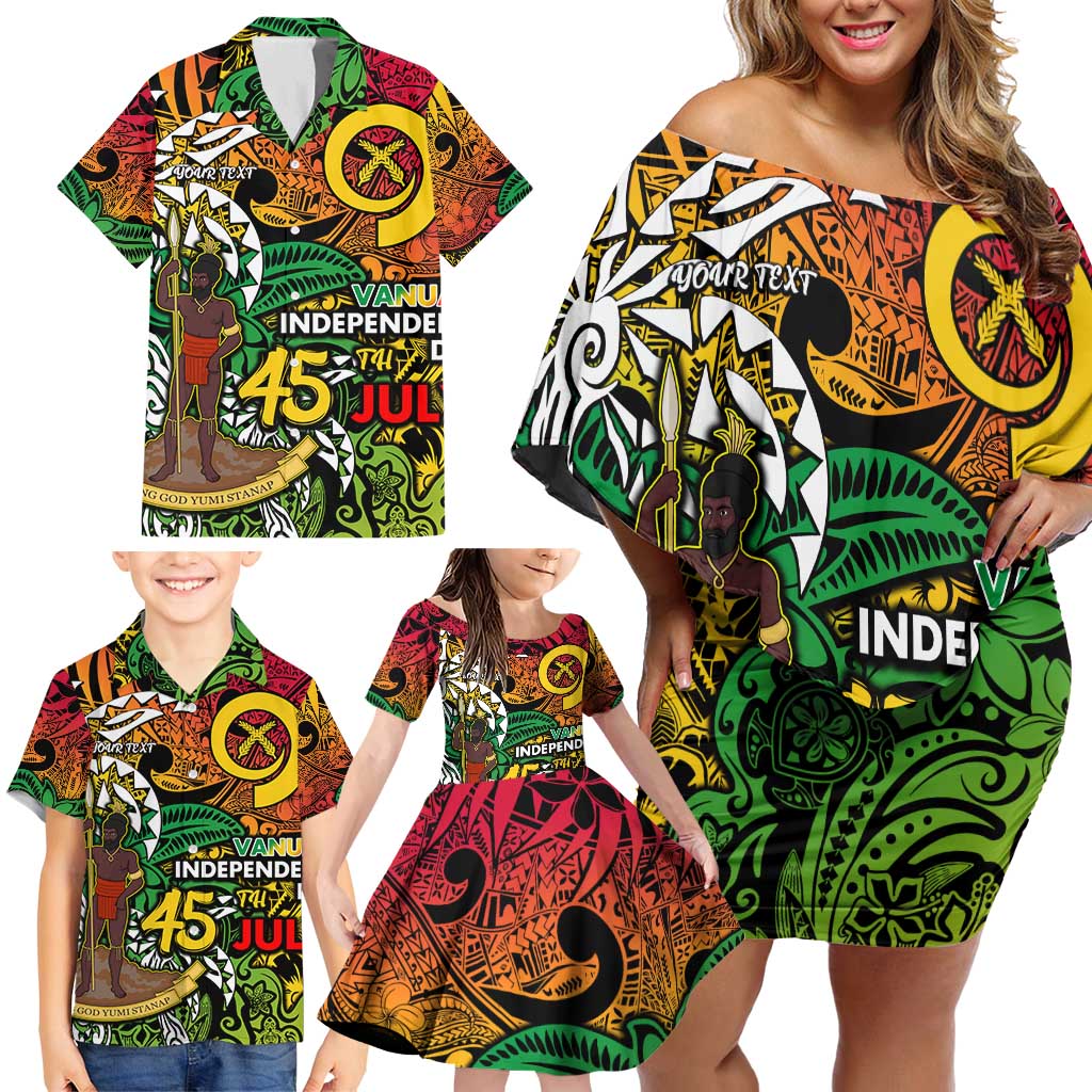 Personalized Vanuatu 45th Independence Anniversary Family Matching Off Shoulder Short Dress and Hawaiian Shirt Melanesian Pattern Reggae - Polynesian Pride