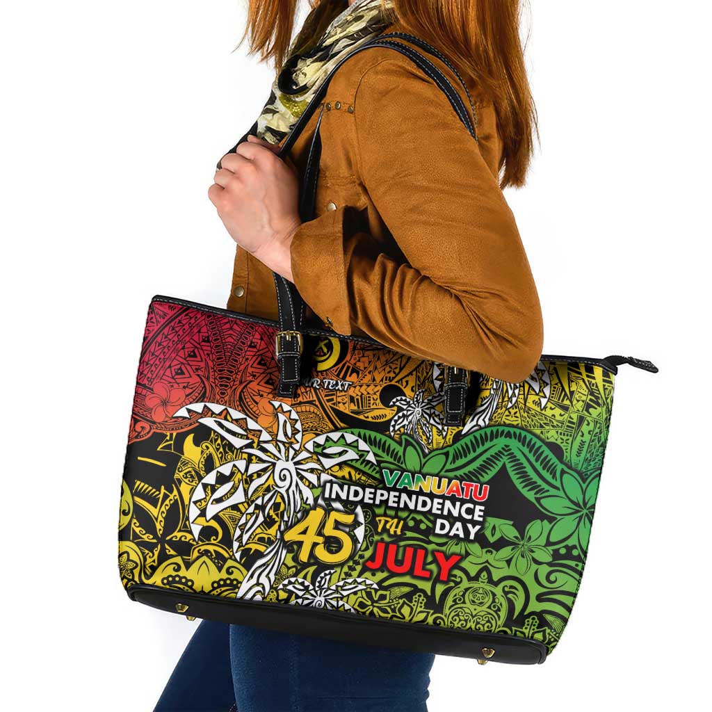 Personalized Vanuatu 45th Independence Anniversary Leather Tote Bag Melanesian Pattern Reggae - Polynesian Pride