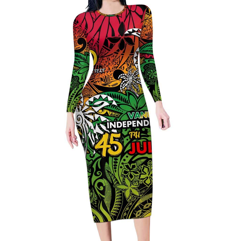 Personalized Vanuatu 45th Independence Anniversary Long Sleeve Bodycon Dress Melanesian Pattern Reggae - Polynesian Pride