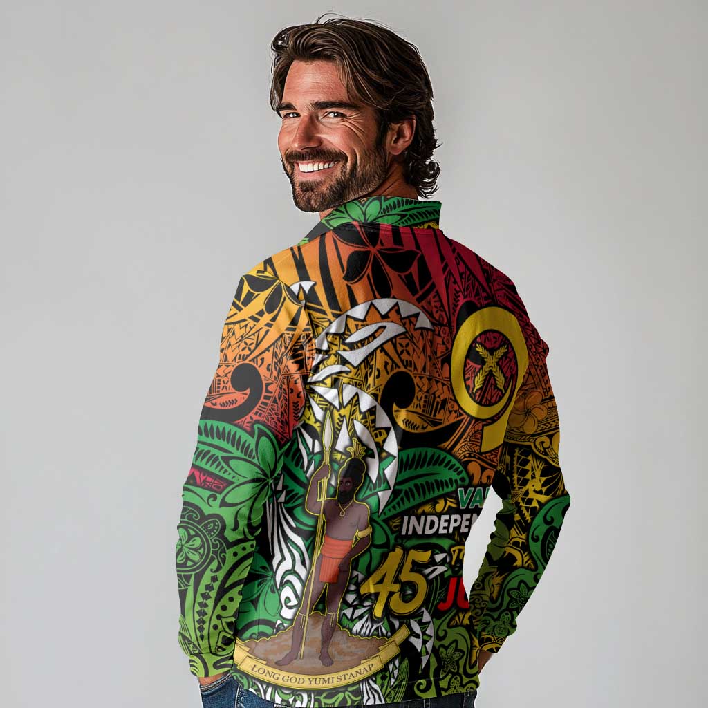 Personalized Vanuatu 45th Independence Anniversary Long Sleeve Polo Shirt Melanesian Pattern Reggae - Polynesian Pride