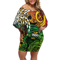 Personalized Vanuatu 45th Independence Anniversary Off Shoulder Short Dress Melanesian Pattern Reggae - Polynesian Pride