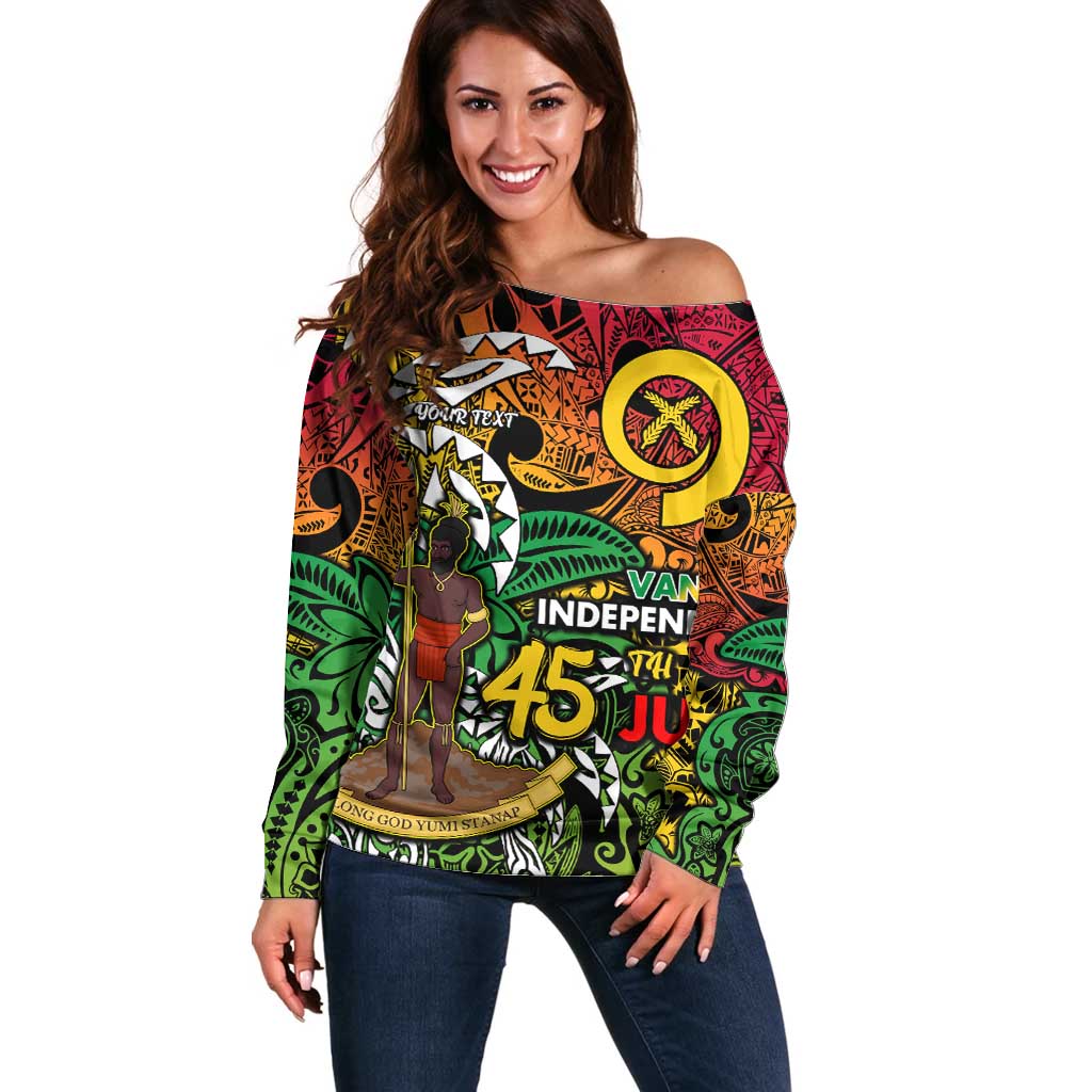 Personalized Vanuatu 45th Independence Anniversary Off Shoulder Sweater Melanesian Pattern Reggae - Polynesian Pride