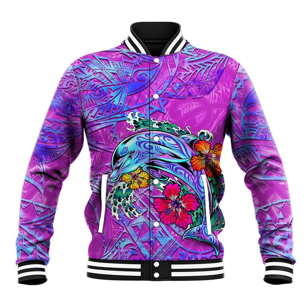 Personalized Dolphin Polynesia Baseball Jacket Hibiscus Tropical Wave - Purple Vibes