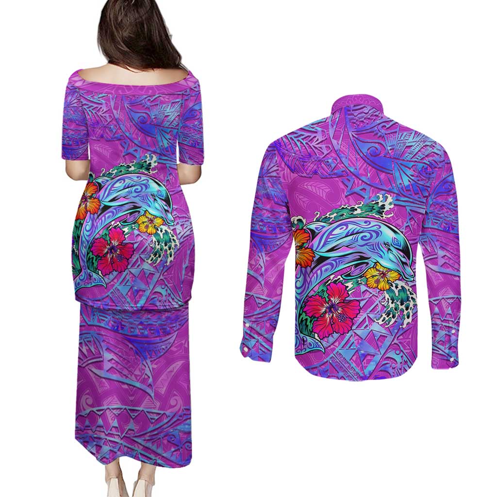 Personalized Dolphin Polynesia Couples Matching Puletasi and Long Sleeve Button Shirt Hibiscus Tropical Wave - Purple Vibes