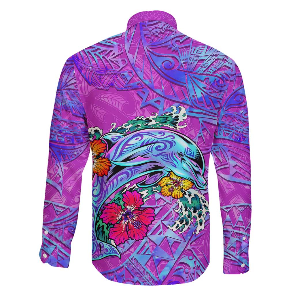 Personalized Dolphin Polynesia Family Matching Mermaid Dress and Hawaiian Shirt Hibiscus Tropical Wave - Purple Vibes