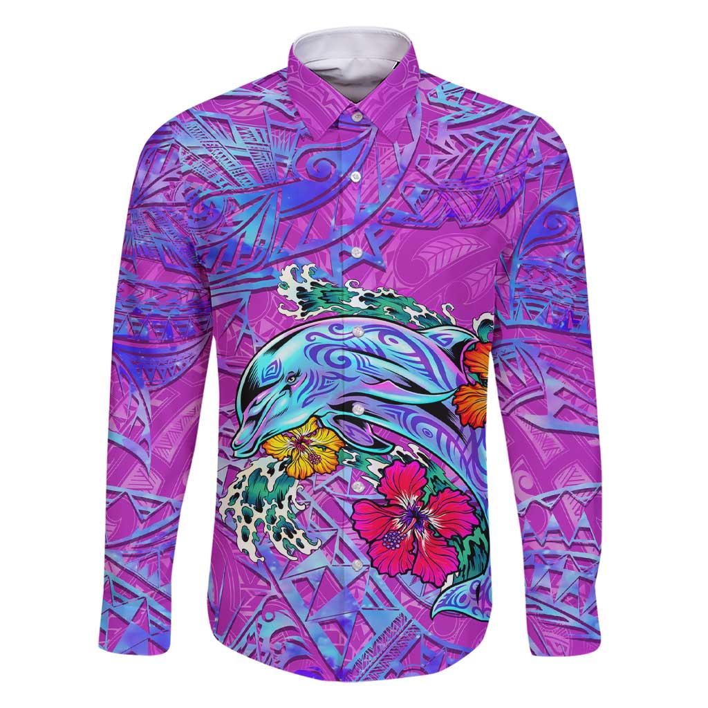 Personalized Dolphin Polynesia Family Matching Short Sleeve Bodycon Dress and Hawaiian Shirt Hibiscus Tropical Wave - Purple Vibes