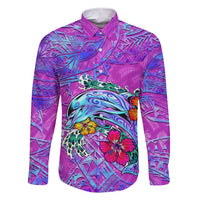 Personalized Dolphin Polynesia Family Matching Short Sleeve Bodycon Dress and Hawaiian Shirt Hibiscus Tropical Wave - Purple Vibes